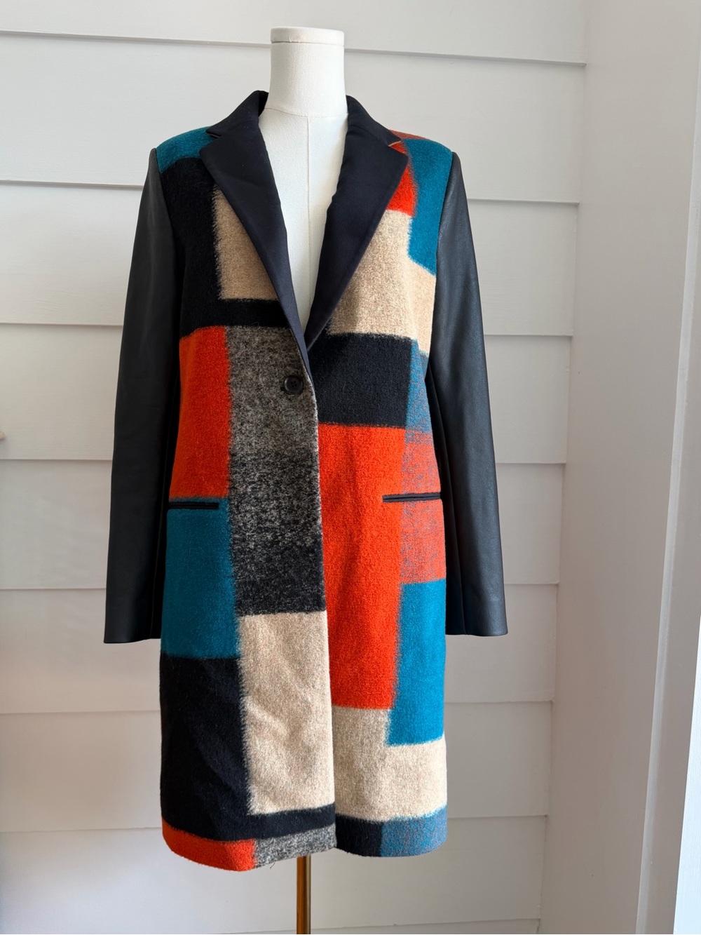 * BCBGMAXAZRIA Colorblock Coat with Faux-Leather Sleeves size S